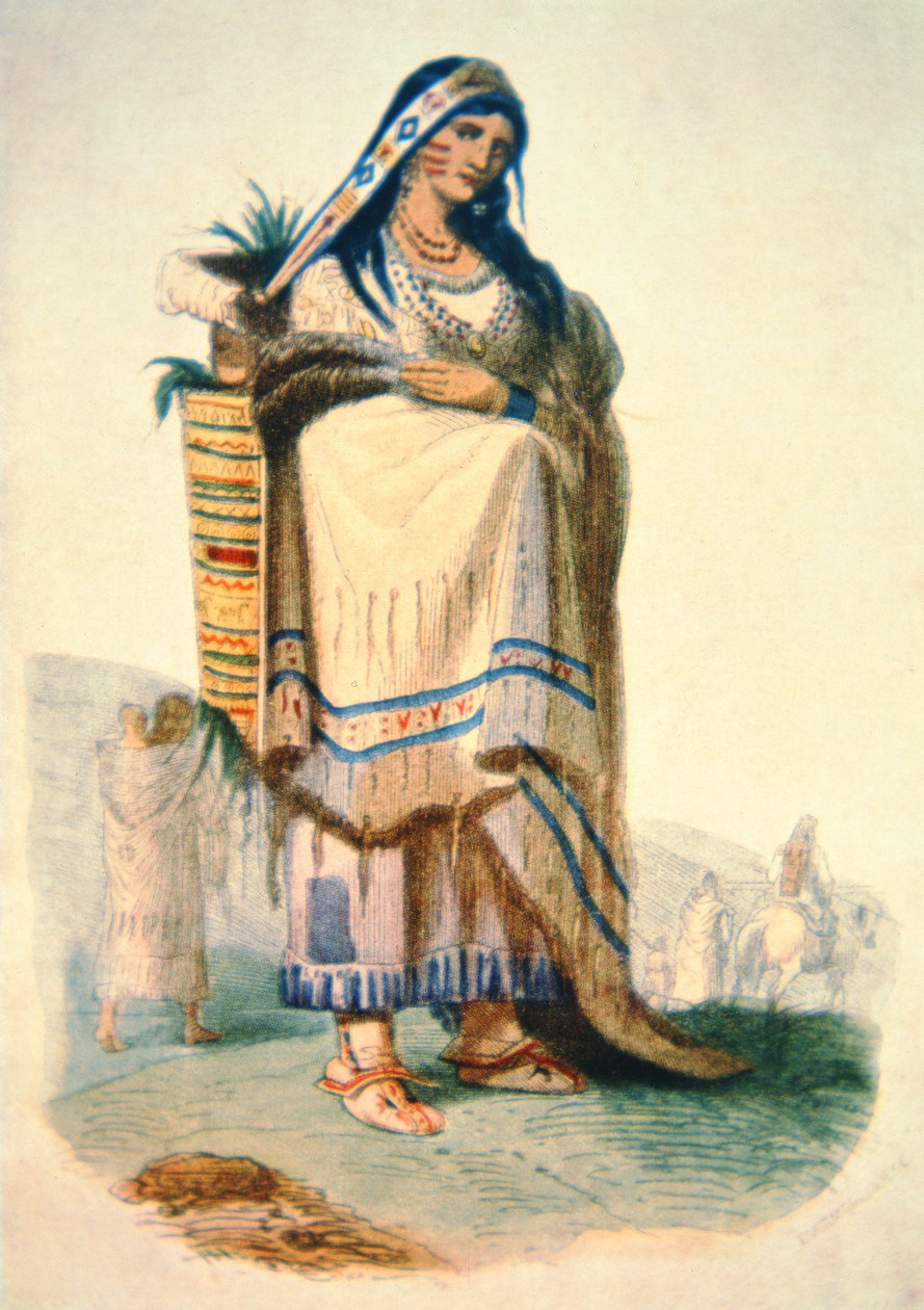 Sioux mor med baby i et vuggebord (farve litho) af George Catlin