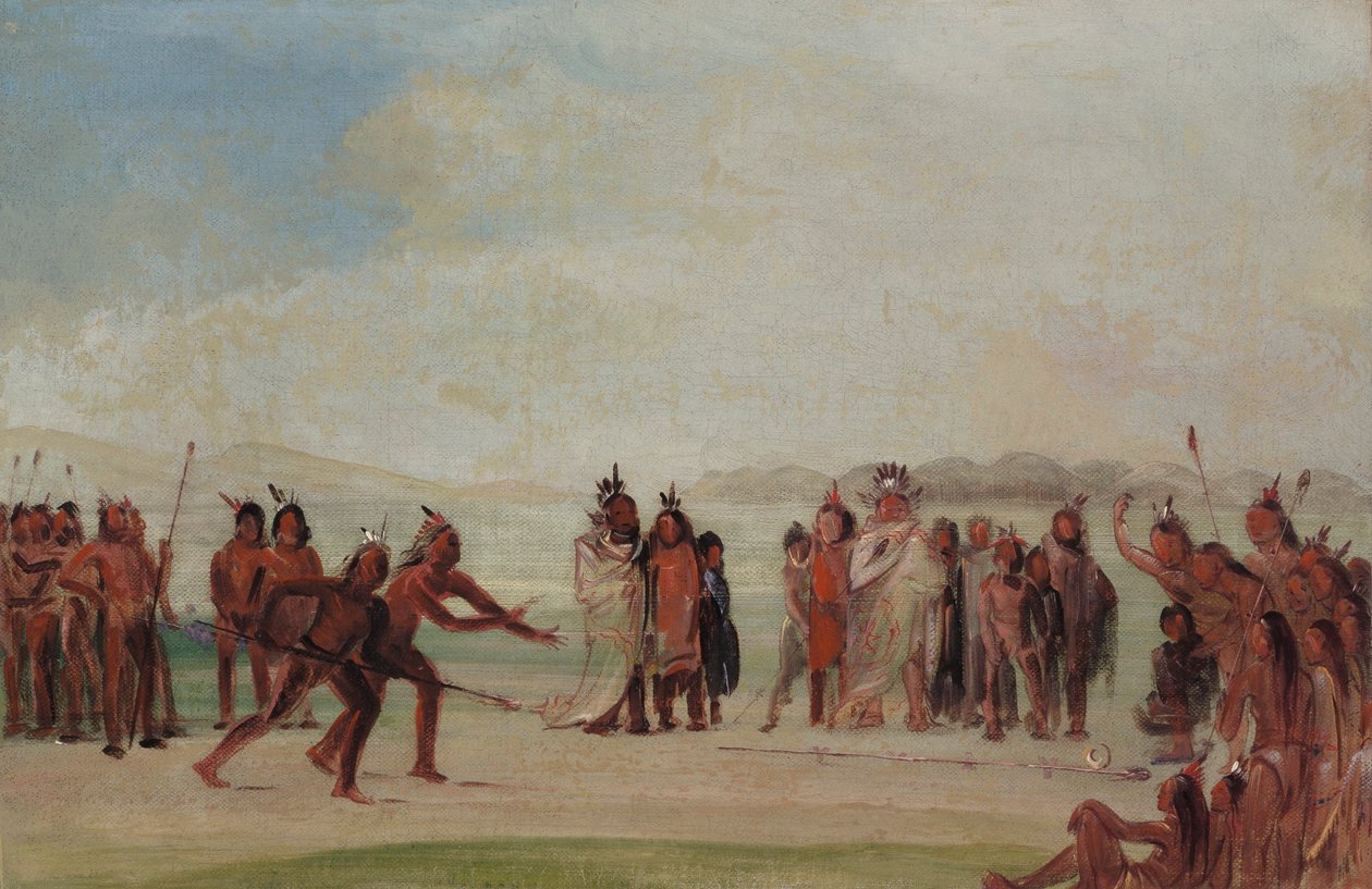 Tchung-kee, et mandan-spil, der spilles med en ring og en pæl af George Catlin
