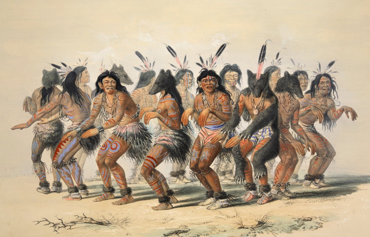The Bear Dance detalje, pub. 1845 farvelitografi. af George Catlin