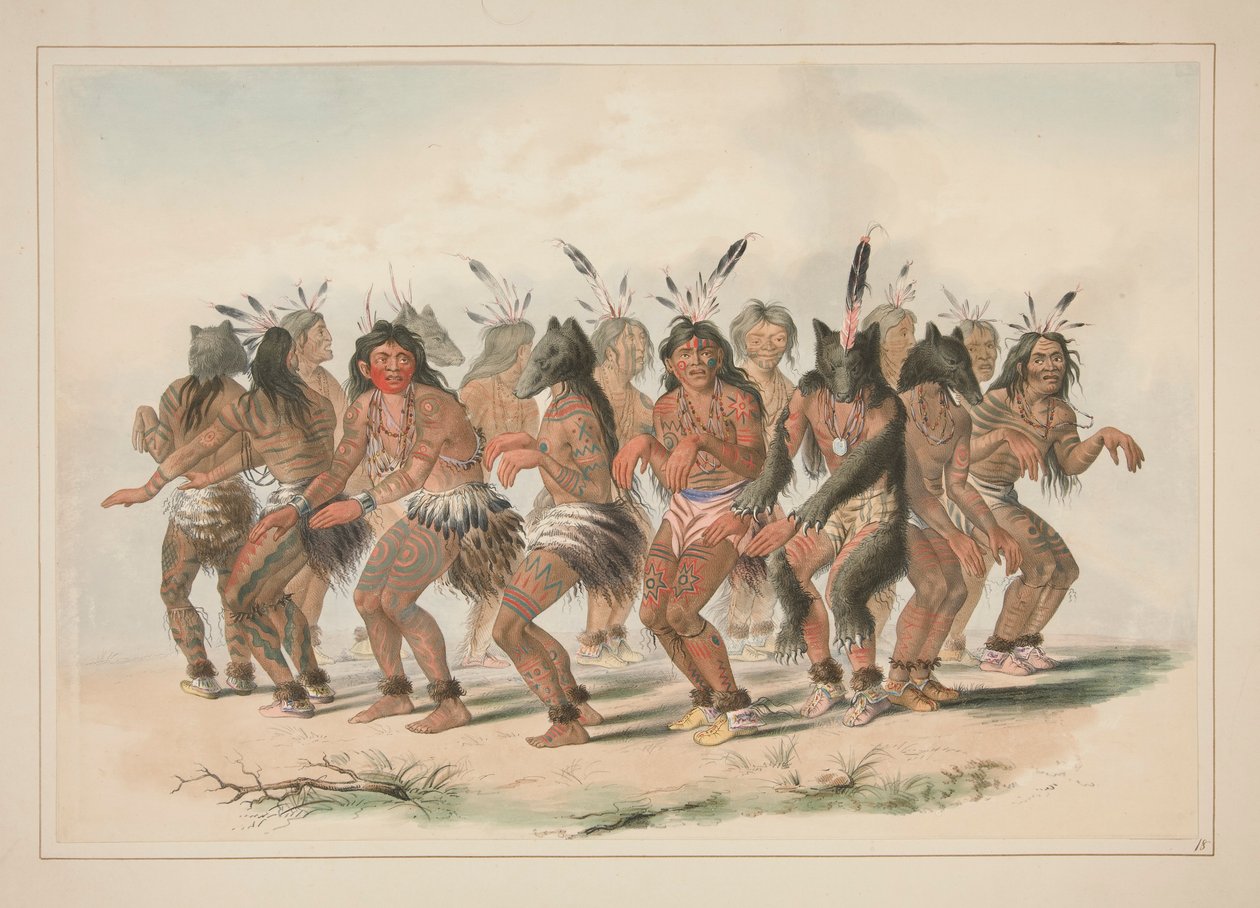 Bjørnedansen, pl. 18 fra North American Indian Portfolio af George Catlin