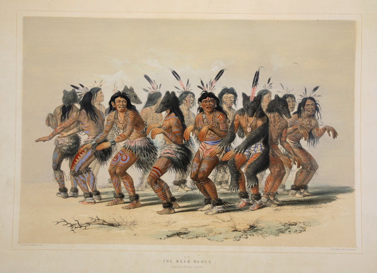The Bear Dance, pub. 1845 farvelitografi. af George Catlin
