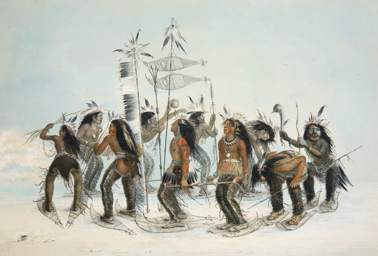 The Snow Shoe Dance, pub. 1845 farvelitografi. af George Catlin