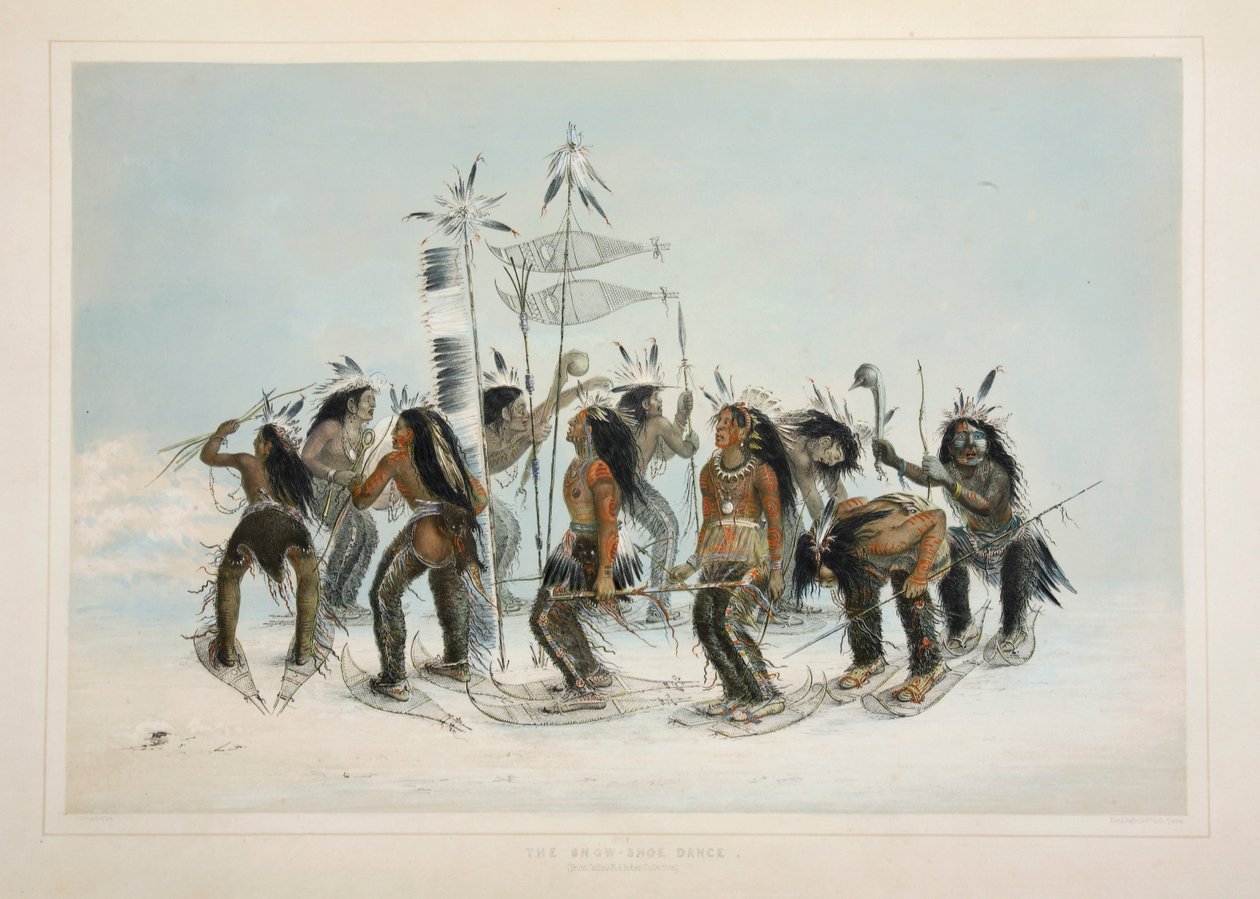 The Snow Shoe Dance, pub. 1845 farvelitografi. af George Catlin