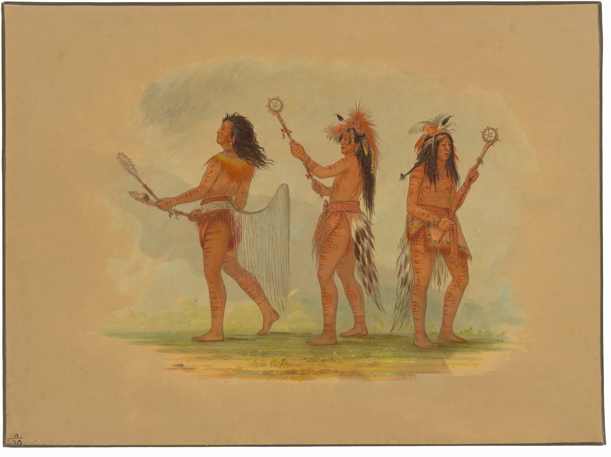 Tre fejrede boldspillere - Choctaw, Sioux og Ojibbeway af George Catlin