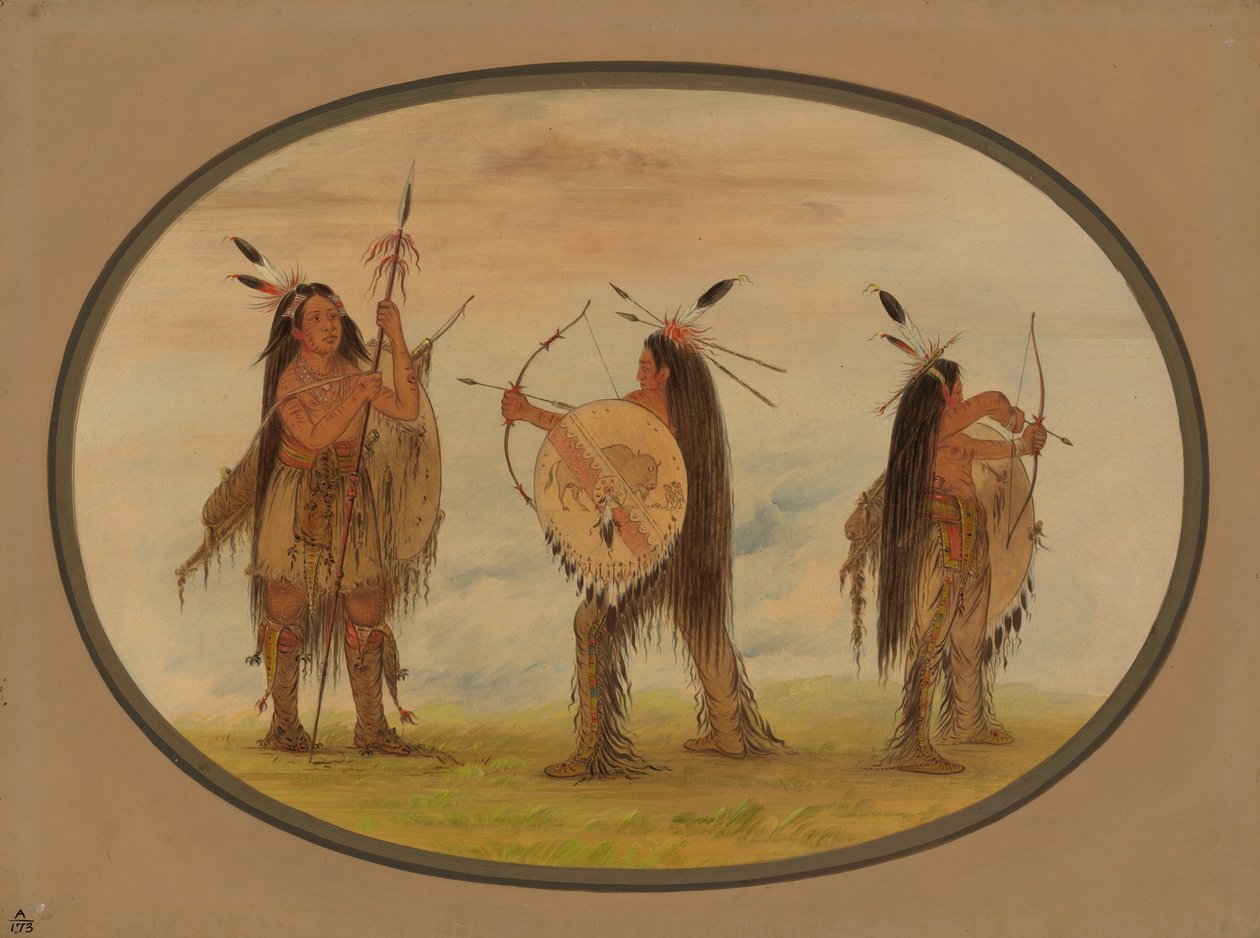 Tre Mandan-krigere bevæbnet til krig, 18611869. af George Catlin