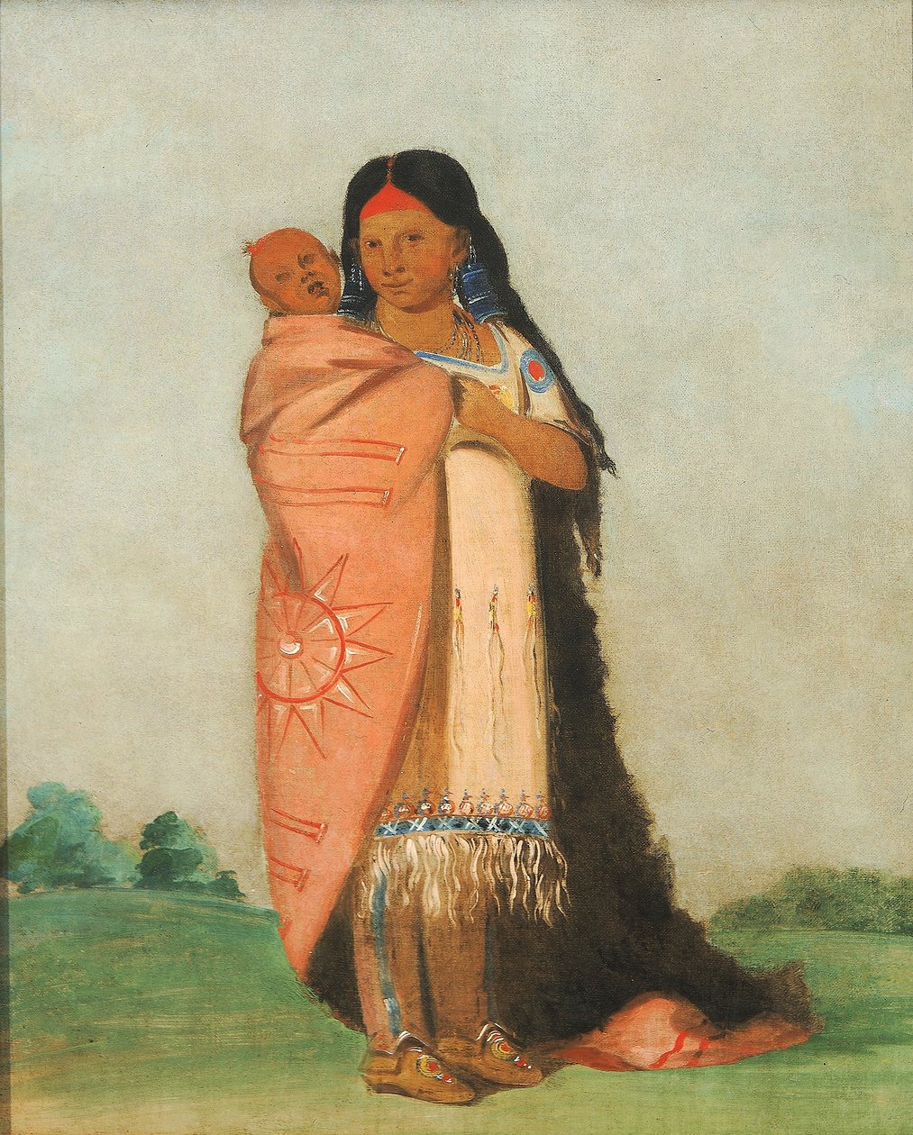 Tsee-moúnt, det store vidunder, bærer sit barn i sin kappe af George Catlin