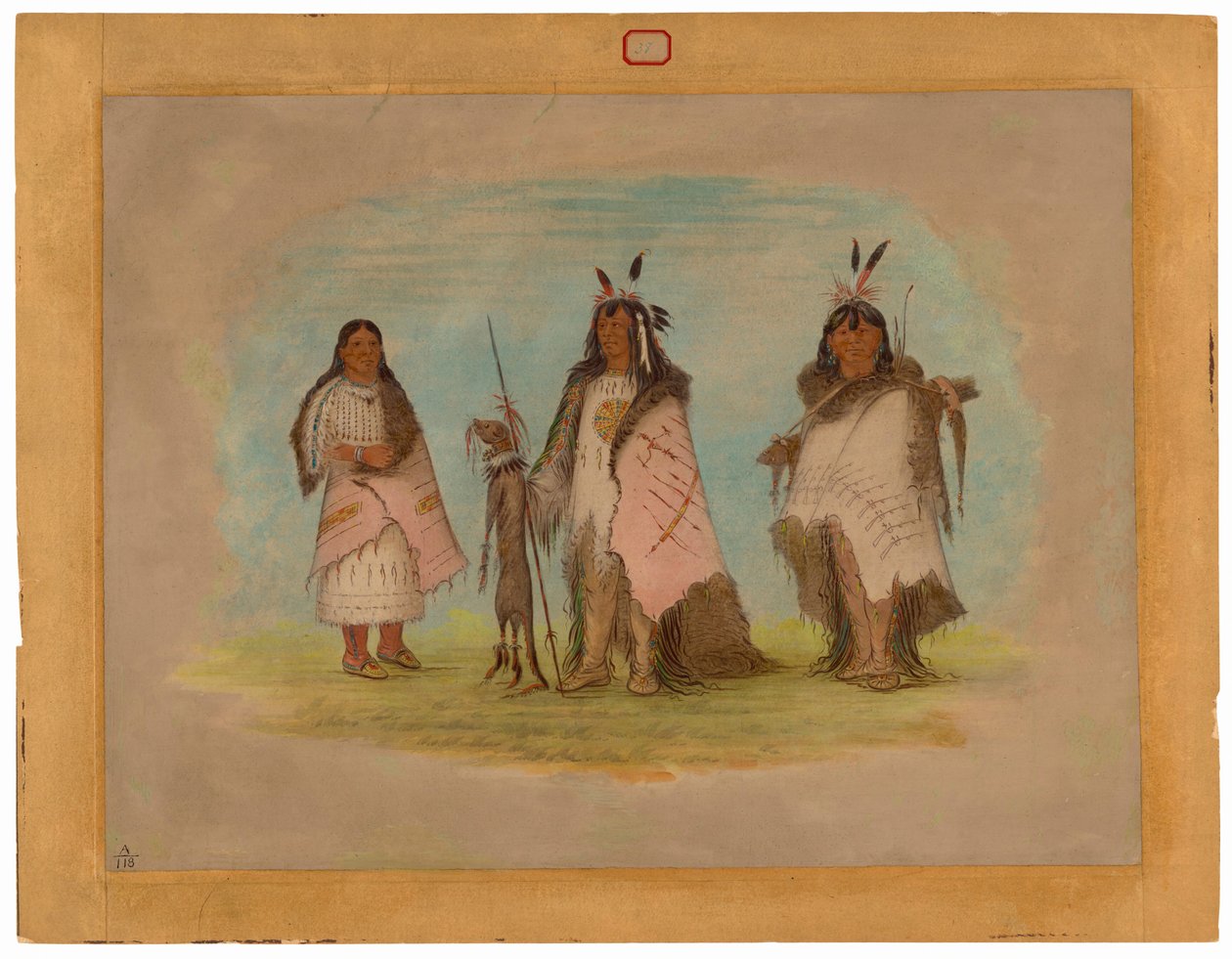 To Blackfoot Warriors og en kvinde af George Catlin
