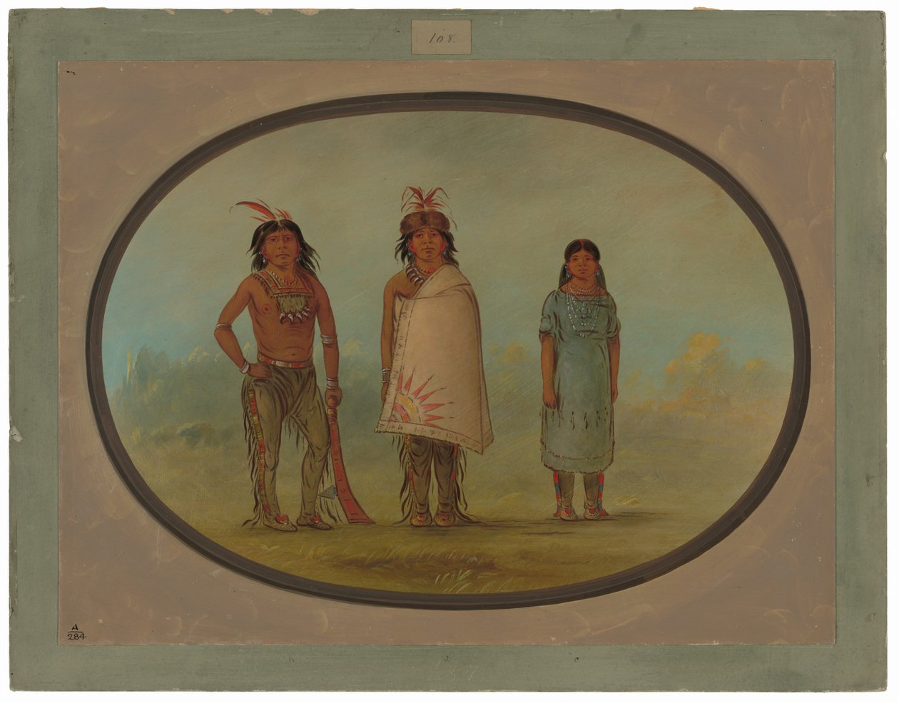To Chippewyan-krigere og en kvinde af George Catlin