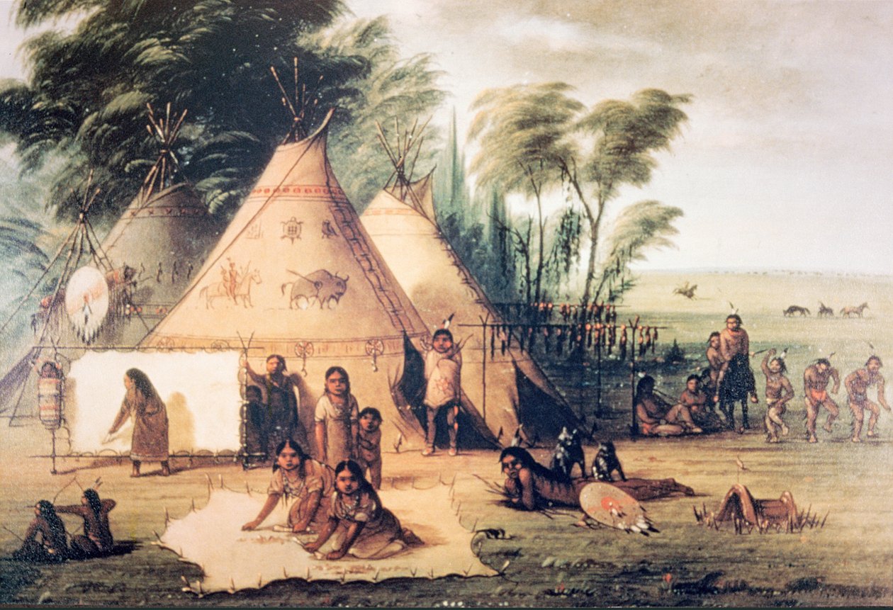 Village of the North American Sioux Tribe (farve litho) af George Catlin
