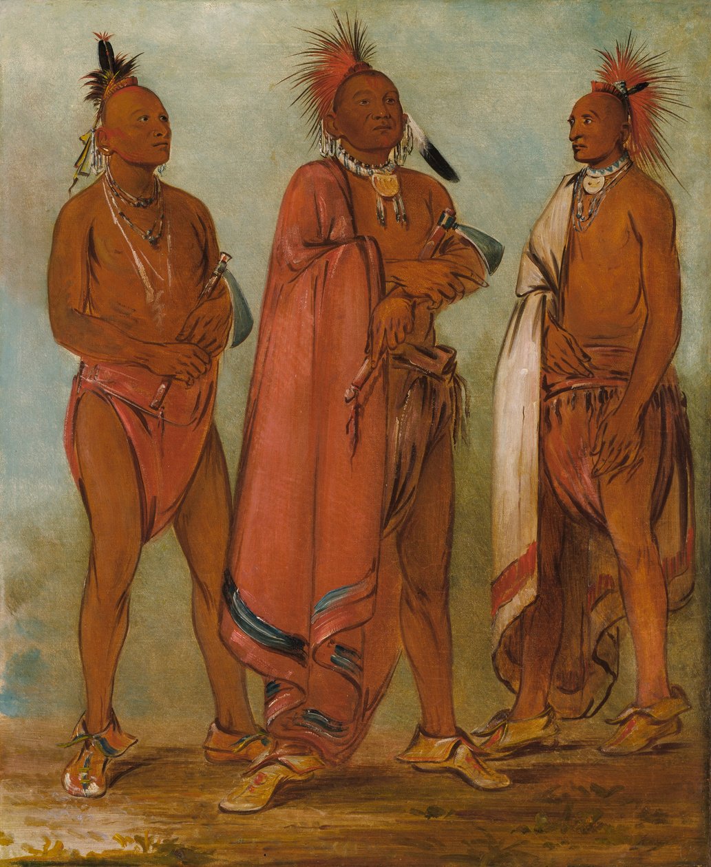 Wa-másh-ee-sheek, Han, der tager væk; Wa-chésh-uk, Krig; Mink-chésk, Tre fremtrædende unge mænd af George Catlin