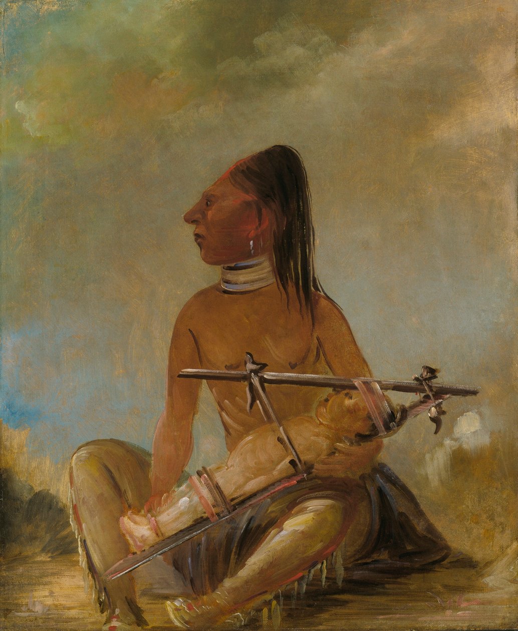 Kvinde og barn, der viser, hvordan børns hoveder er flade af George Catlin