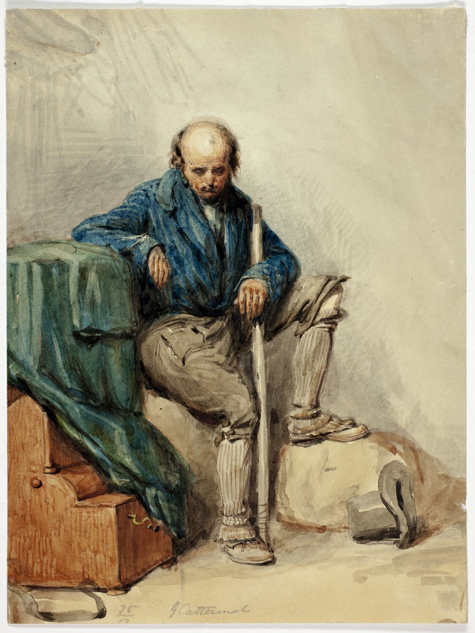 Skaldet mand siddende på ejendele (recto); dame i gul kjole (verso) af George Cattermole