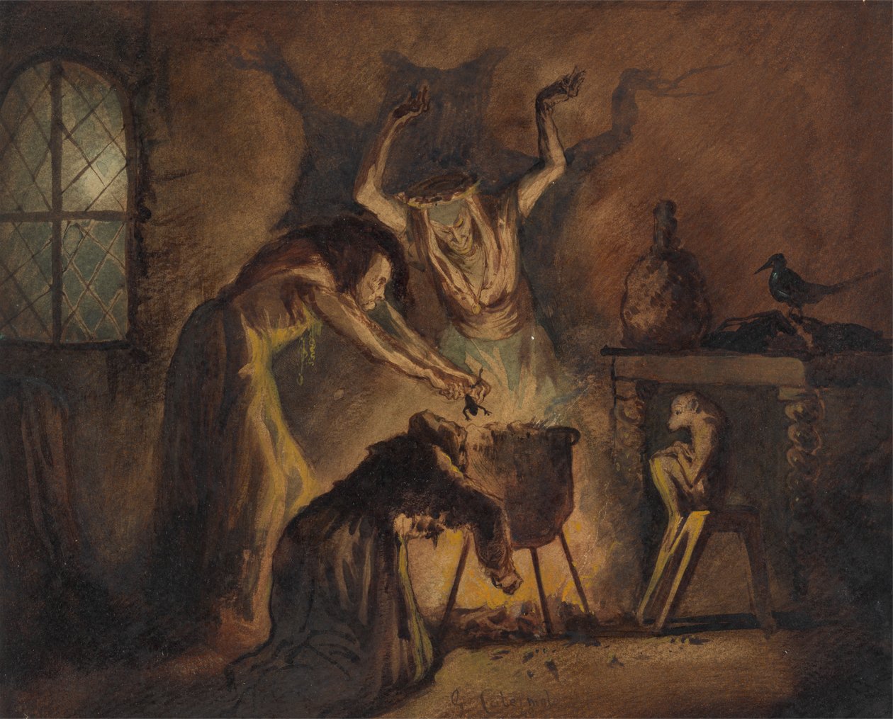 Scene med tre hekse fra Shakespeares Macbeth af George Cattermole