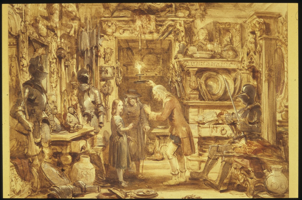 The Old Curiosity Shop Little Nells Home Interior of the Old Curiosity Shop, 1840 (wc på papir) af George Cattermole