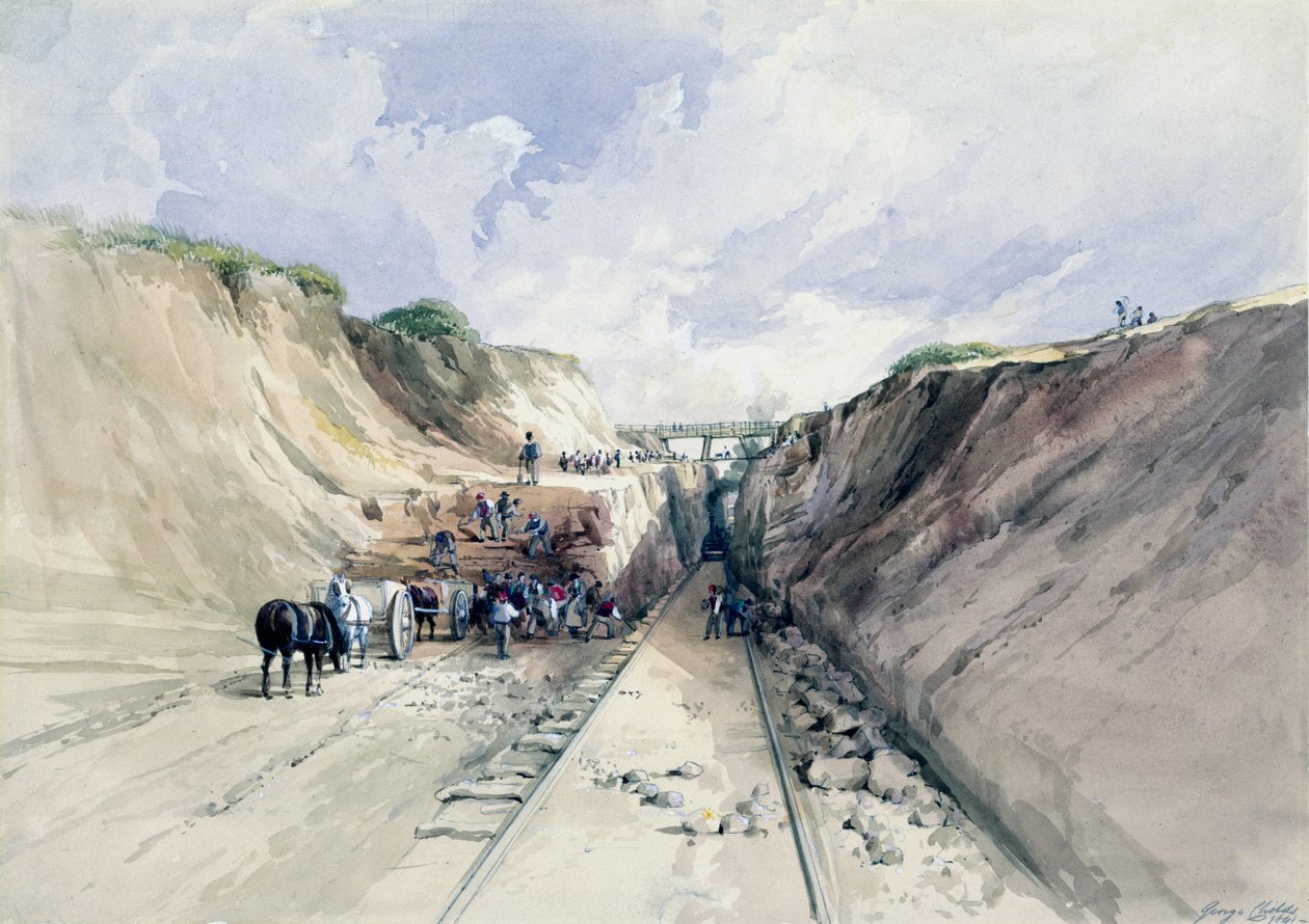Digging a Cutting on the Great Western Railway, 1841 (wc på papir) af George Childs