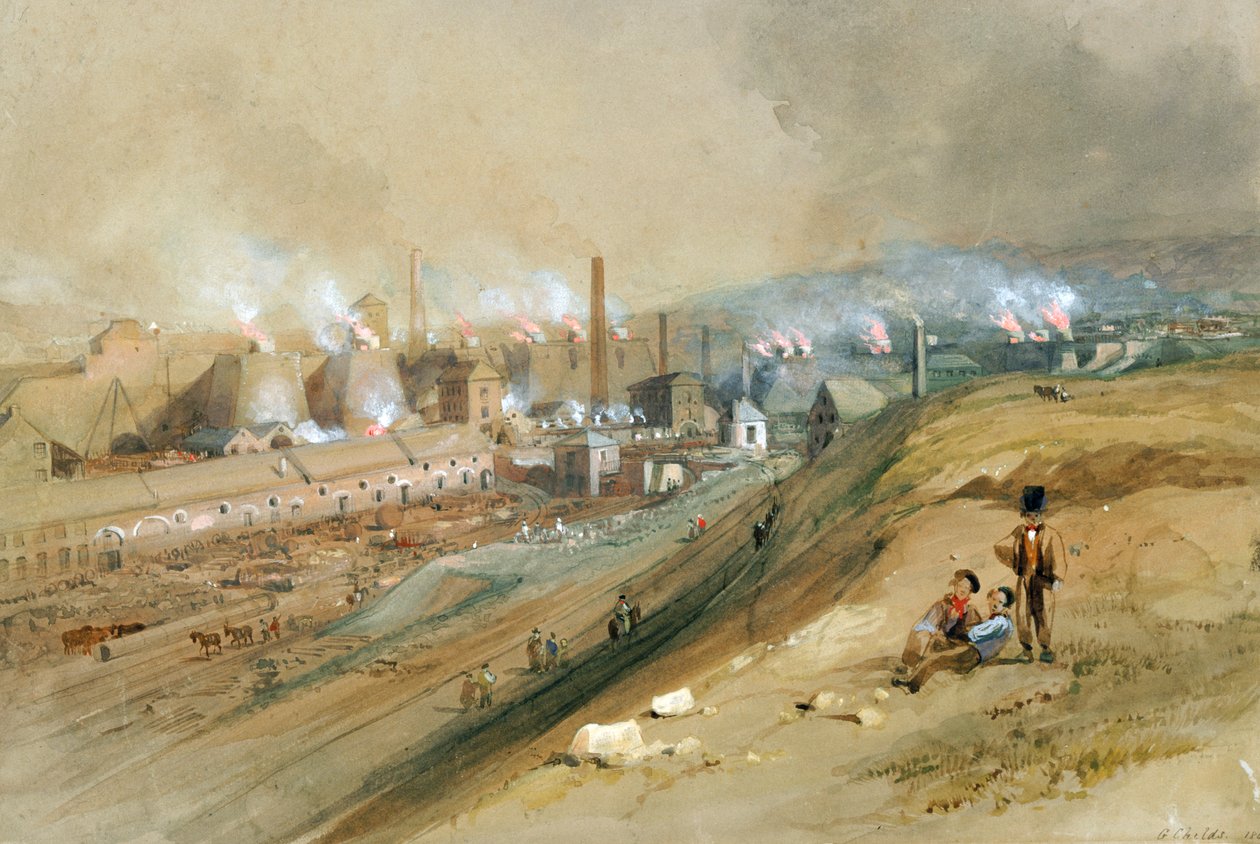Dowlais Ironworks (akvarel på papir) af George Childs