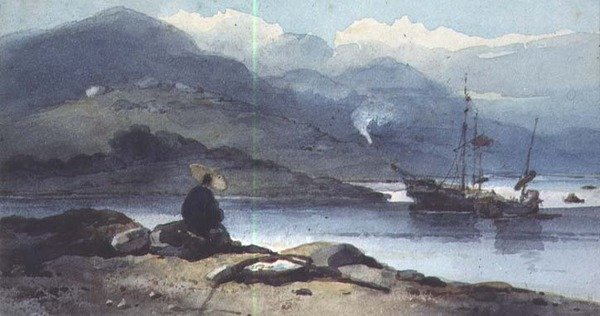 En kinesisk flod med en figur på bredden af George Chinnery