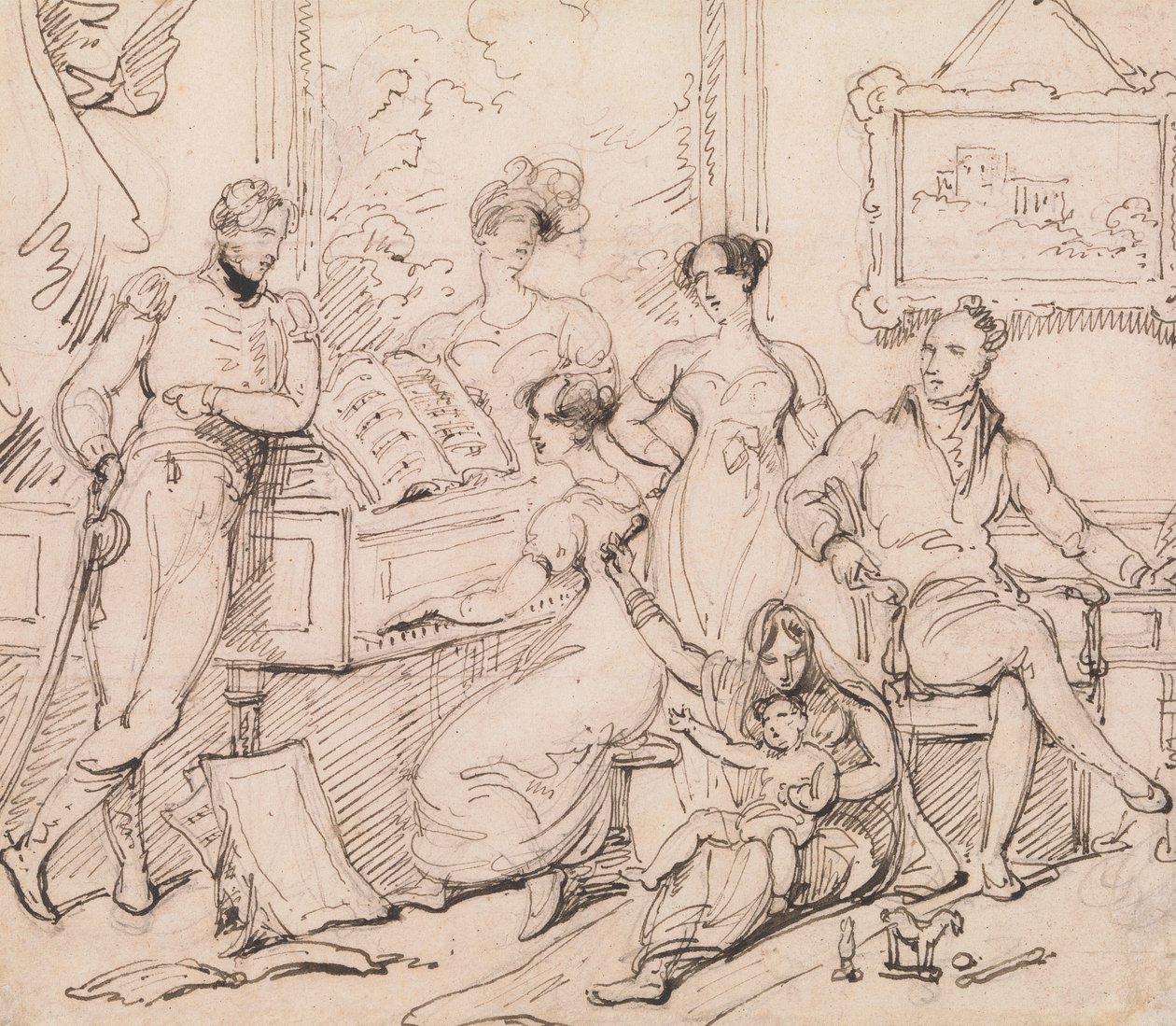 En familiegruppe omkring et klaver af George Chinnery