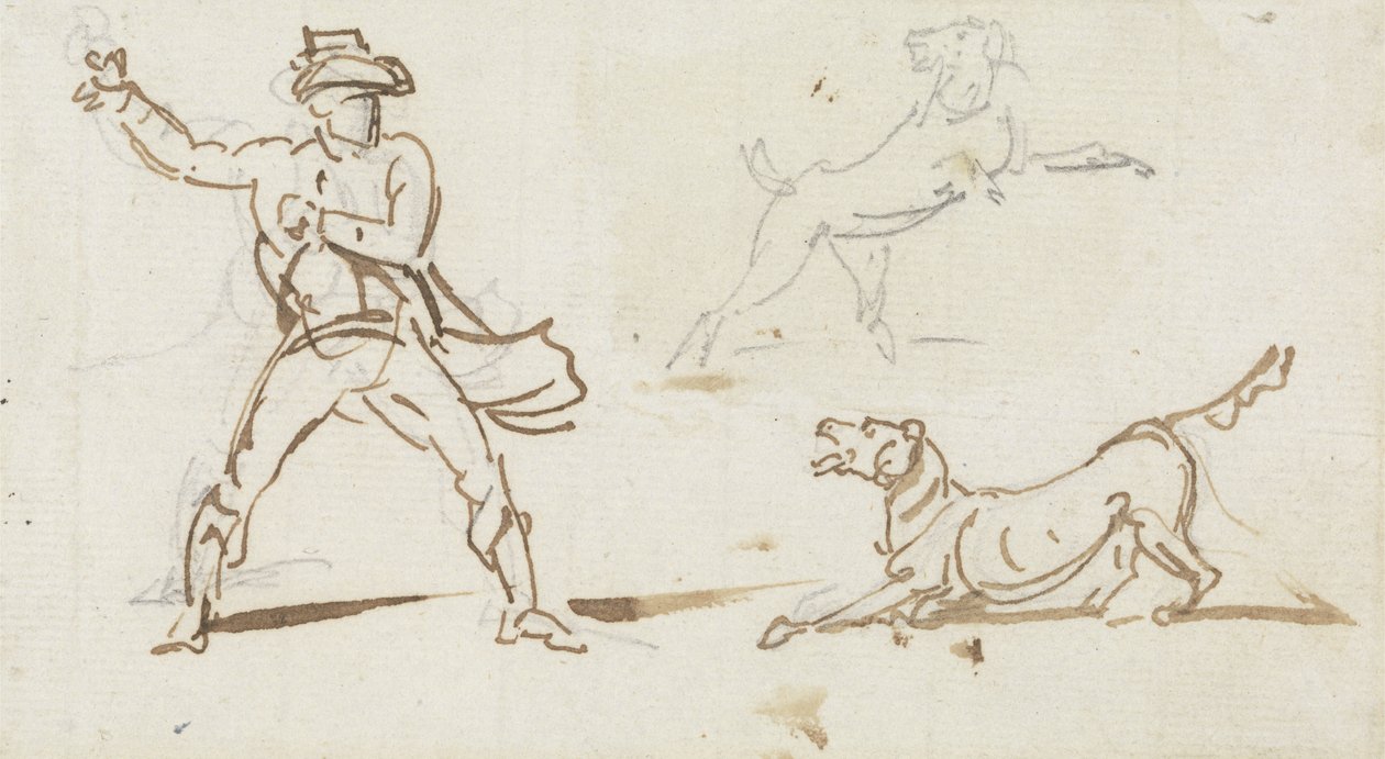 En mand, der kaster en bold til en hund (pen og grafit på papir) af George Chinnery