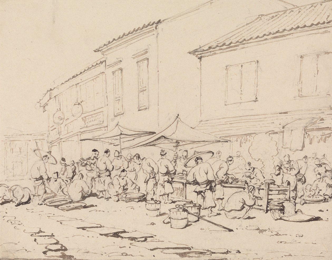 En markedsplads og en menneskemængde af George Chinnery