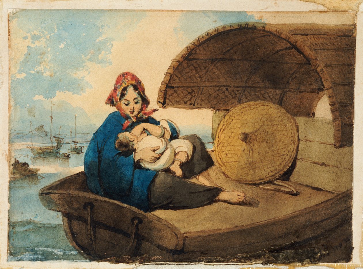 En Tanka-kvinde med sit barn på en båd af George Chinnery