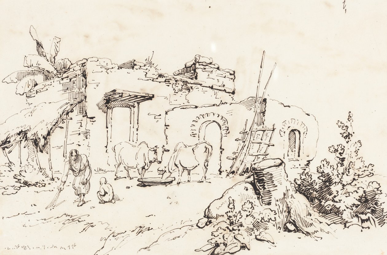 En landsbyscene i Indien [verso] af George Chinnery