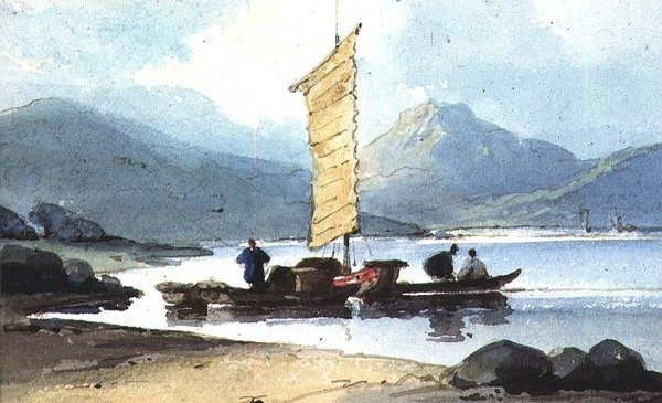 Båd med gult sejl, Kina af George Chinnery