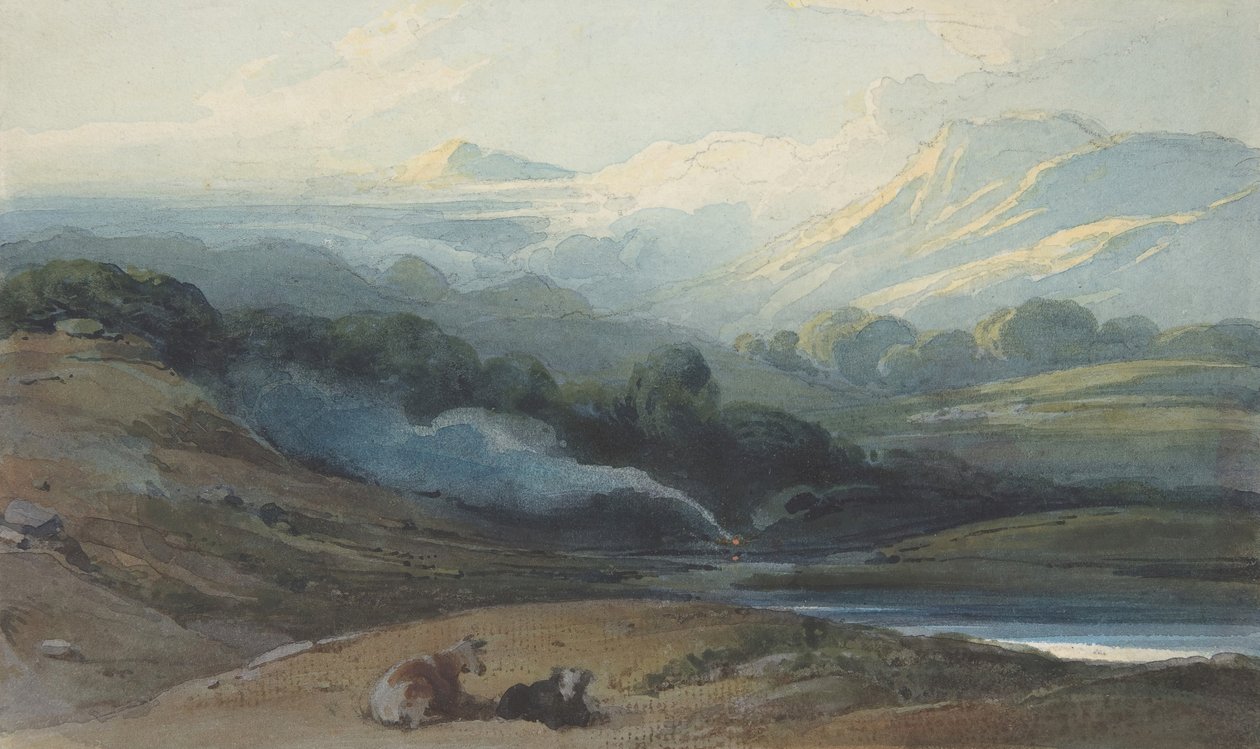 Kvæg hviler i et bjergrigt landskab, ca. 1808-12. af George Chinnery