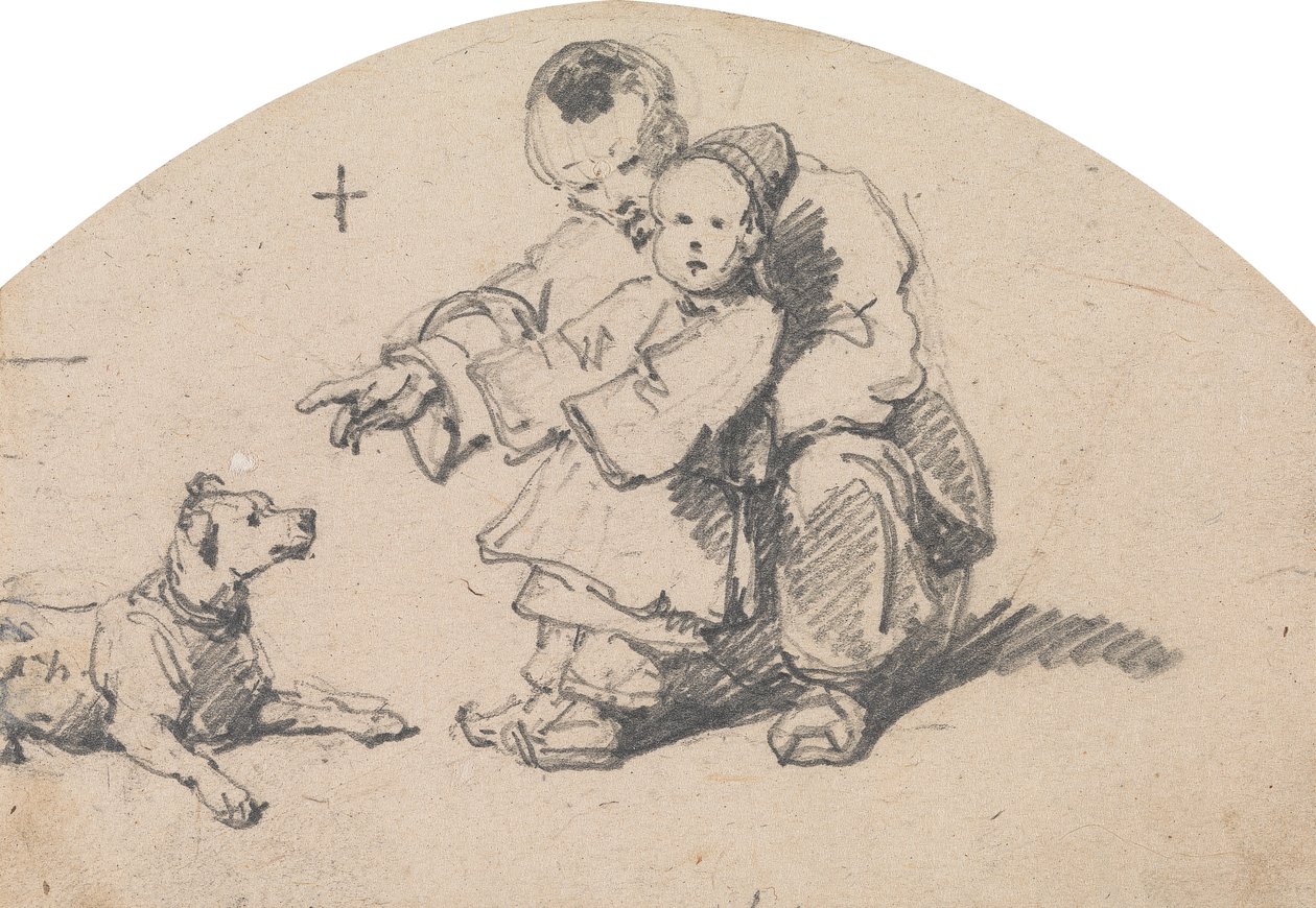 Kinesisk far og barn med hund af George Chinnery
