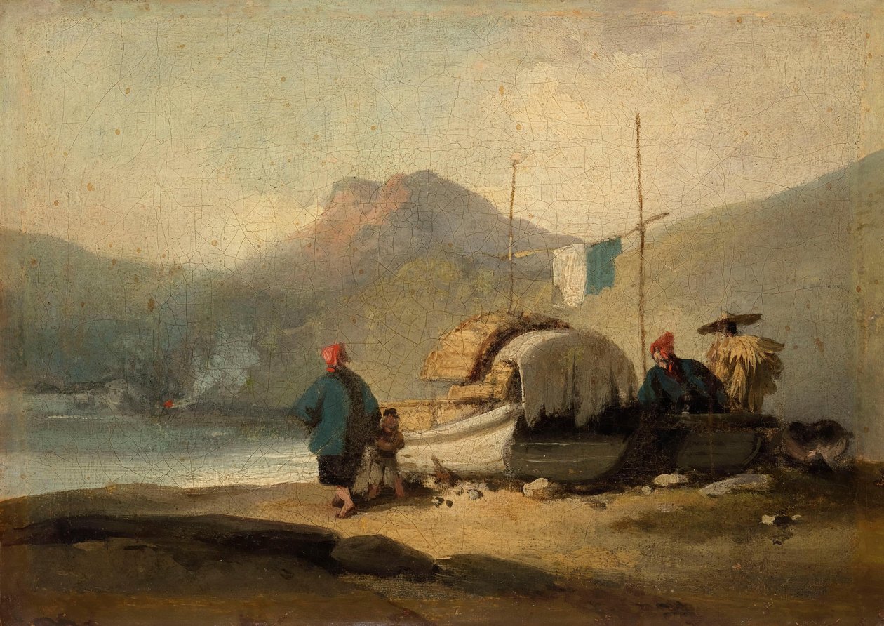 Kinesisk scene, både ved en sø af George Chinnery