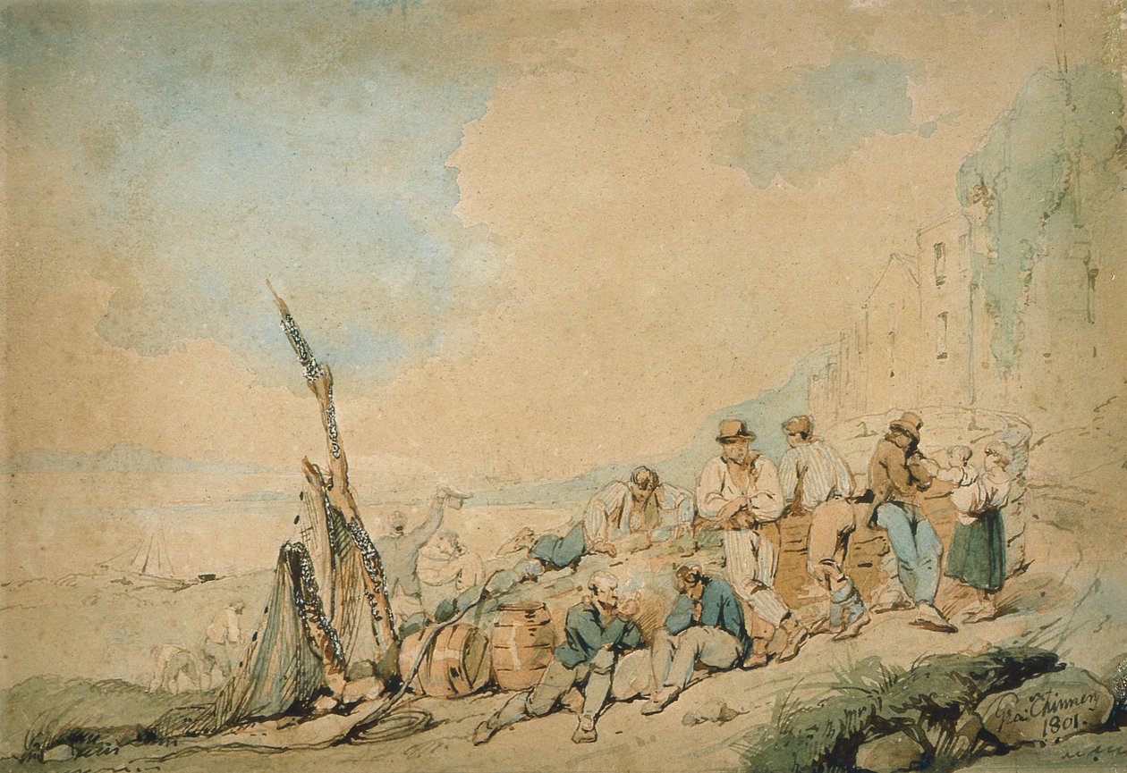 Kystscene med figurer nær en væg af George Chinnery