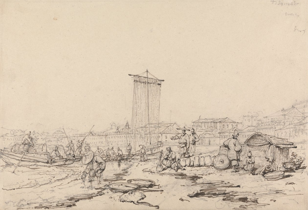 Kystscene med fiskere og bygninger, Macao af George Chinnery