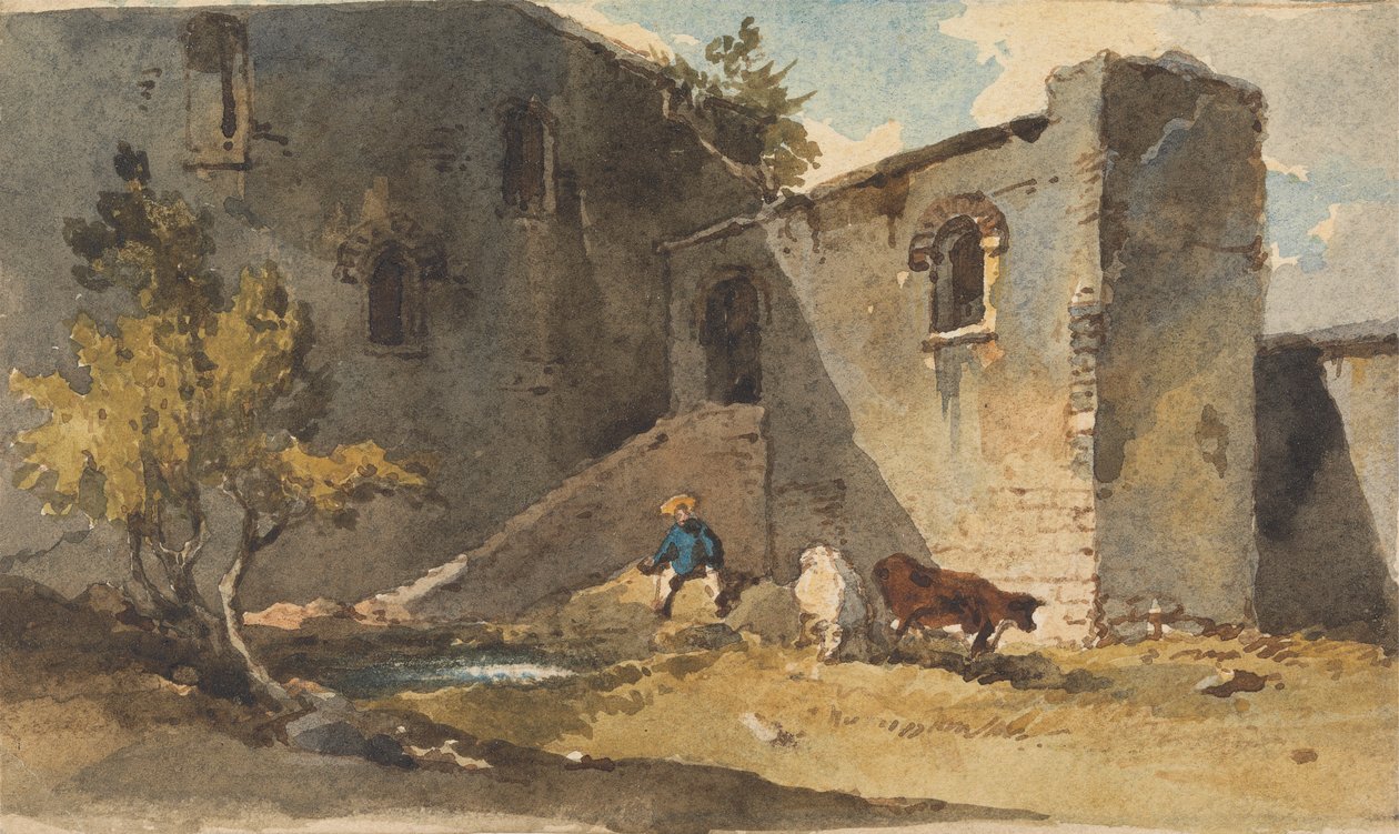 Figur med kvæg, der står i skyggen af en bygning af George Chinnery