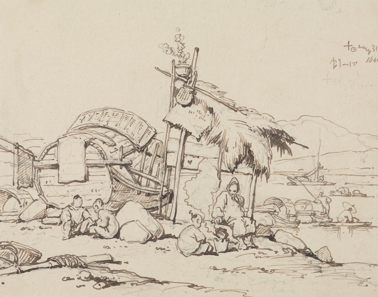 Gammel mand og børn siddende, madlavning af George Chinnery