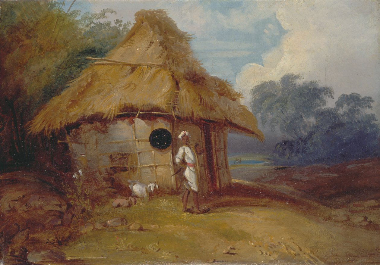 Udsigt i det sydlige Indien, med en kriger uden for sin hytte af George Chinnery