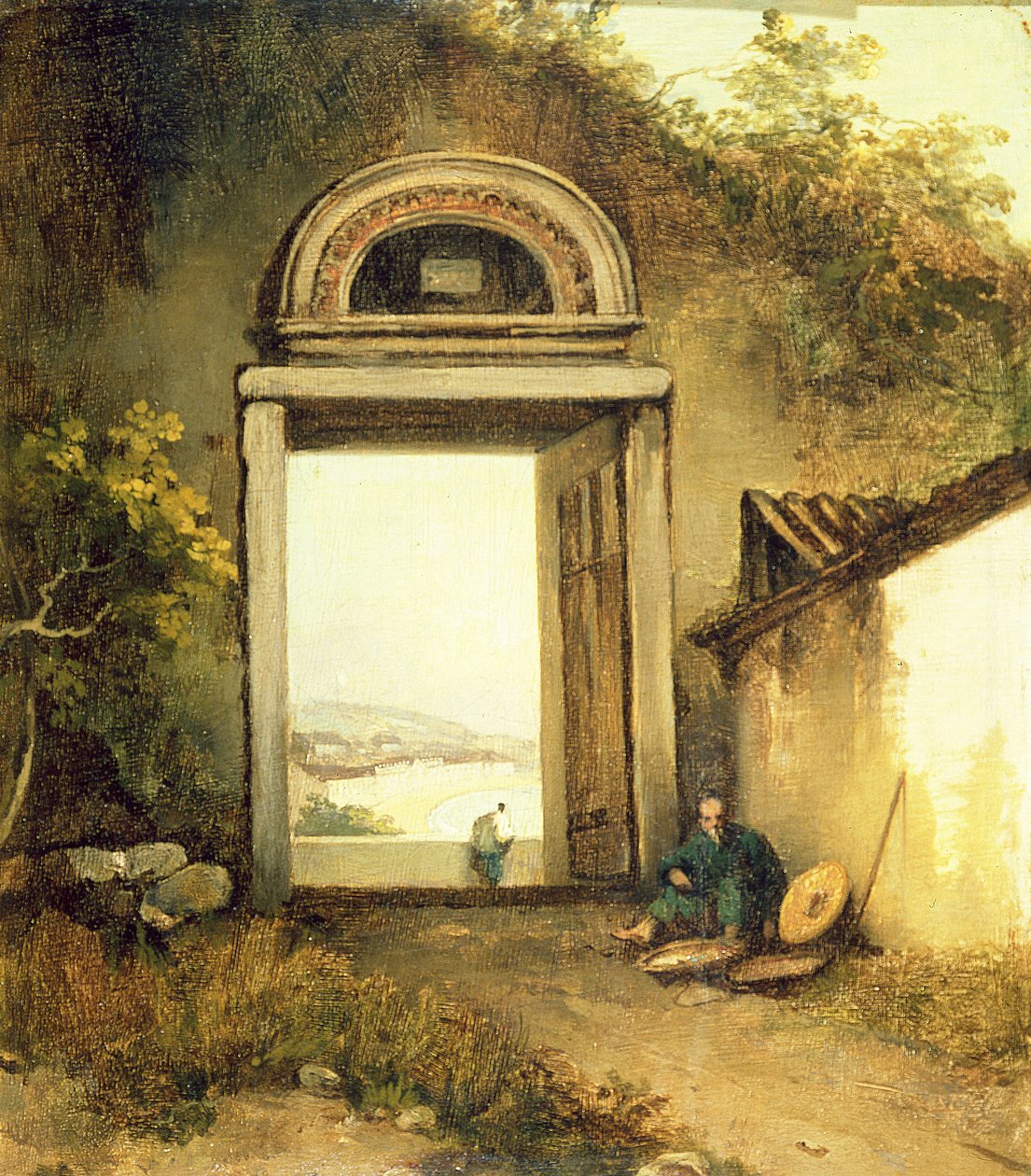Udsigt over Praya Grande, Macao, fra en døråbning på Penha Hill af George Chinnery