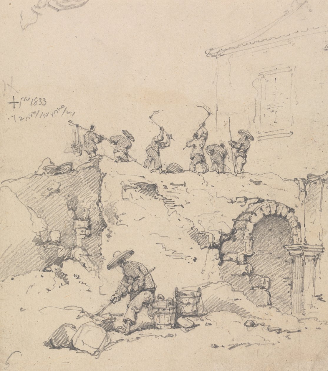 Arbejdere, der river en bygning ned af George Chinnery