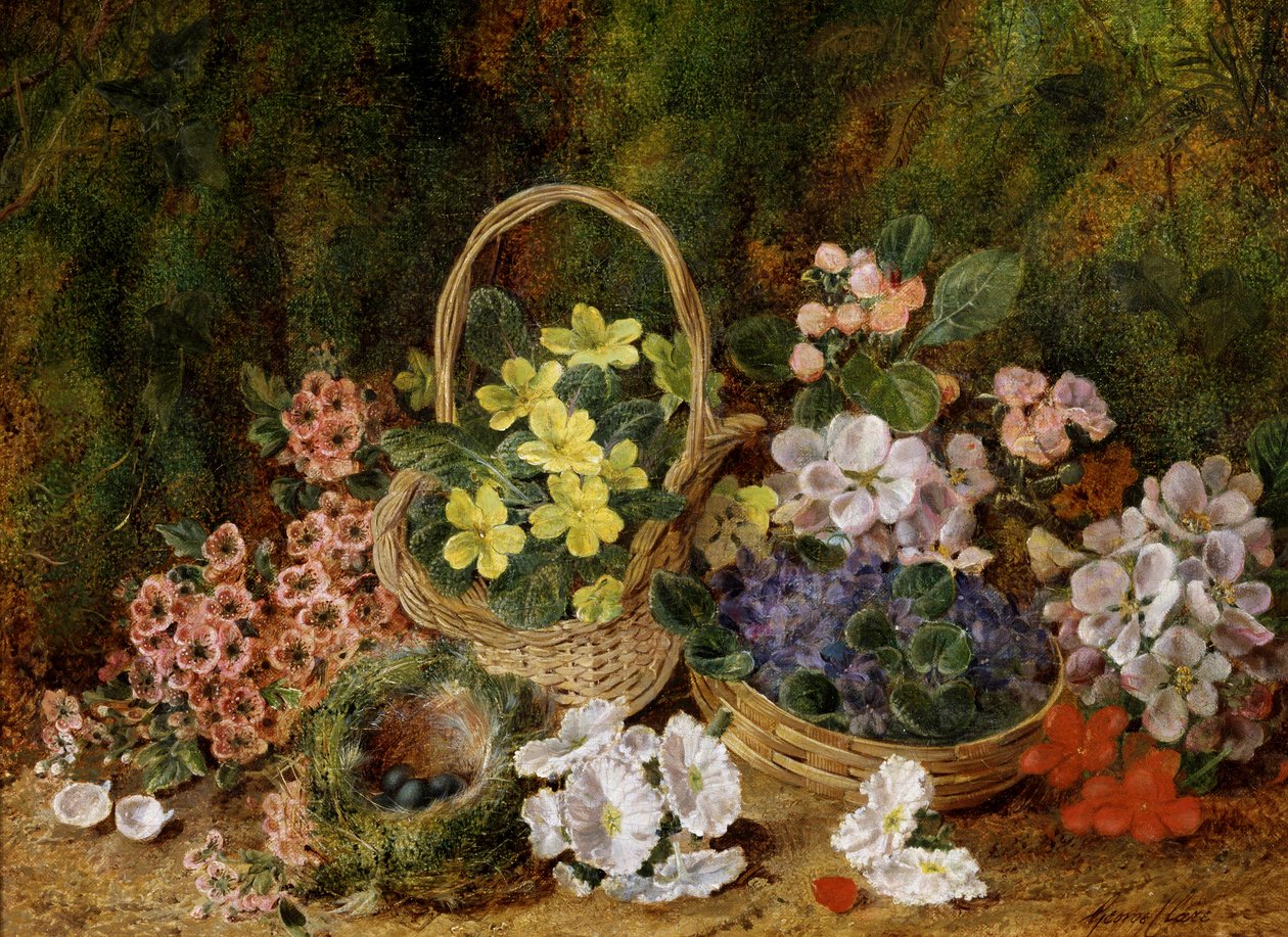 Forårsblomster og fugle, der bygger rede på en mosbanke. Maleri af George Clare (1835-1899) Privat samling. af George Clare