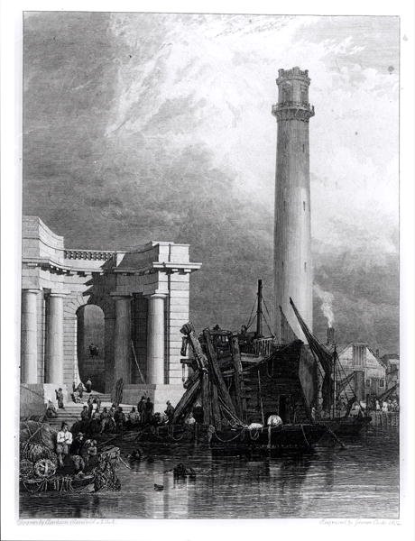 The Shot Tower og Waterloo Bridge, graveret af G. Cooke af George Clarkson (after) Stanfield