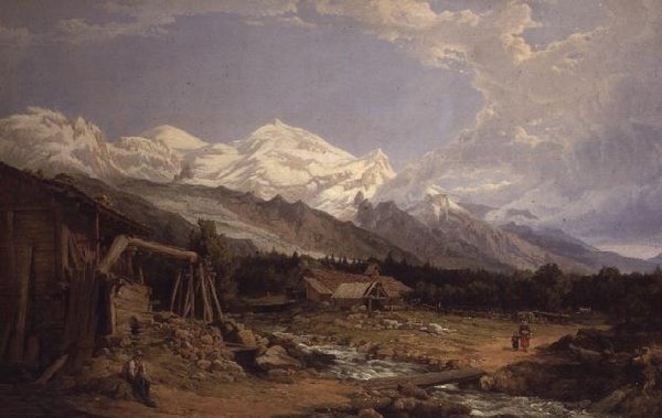 Alpelandskab med figurer ved en bjergstrøm af George Clarkson Stanfield