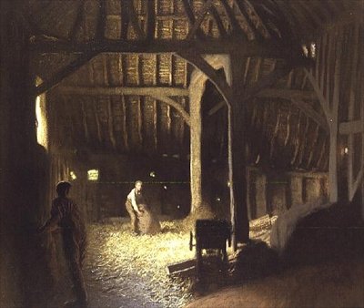 Staldinteriør med arbejdende drenge af George Clausen