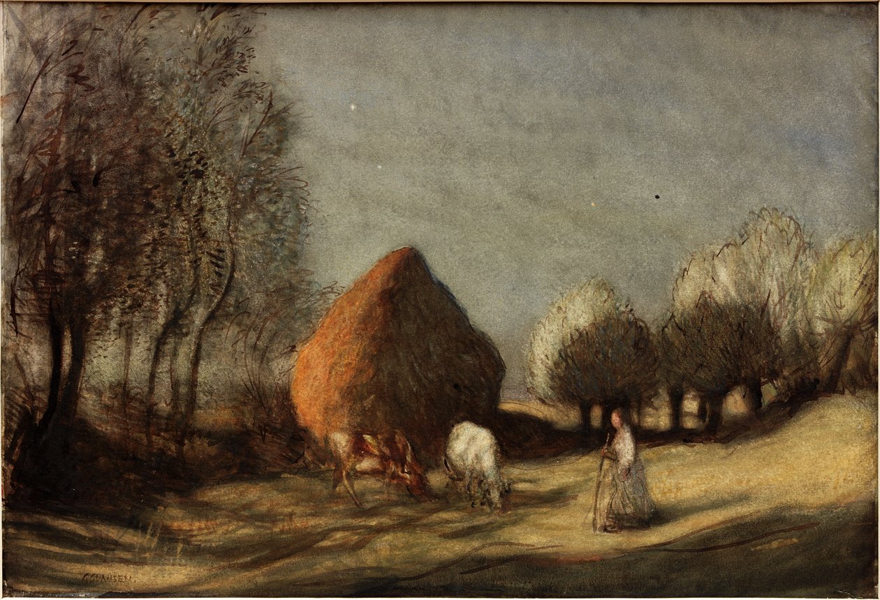 Hayfield, Widdington, omkring 1893 (Akvarel, gouache og blæk) af George Clausen