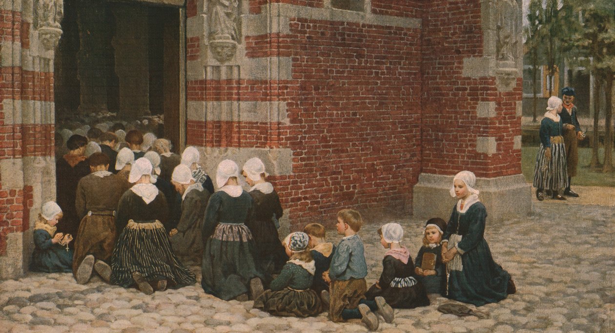 Højmesse i en fiskerby ved Zuyder Zee, Holland, 1876, c1930. af George Clausen