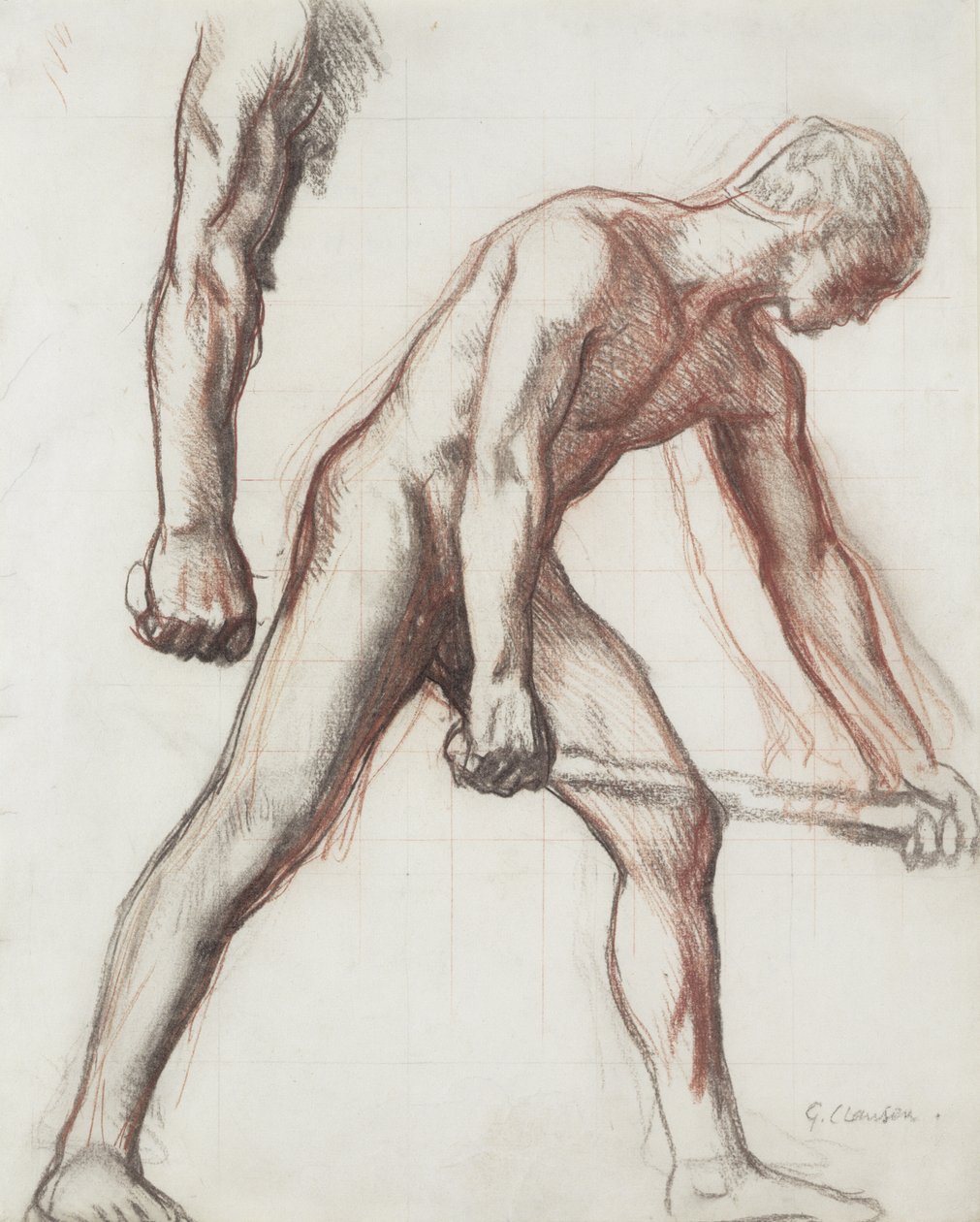 Nøgenstudie for drengen og manden, 1908 (kridt på papir) af George Clausen