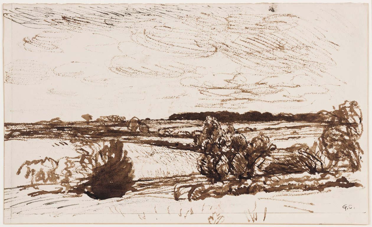 Vindblæst landskab (pen, pensel og sepia blæk på papir) af George Clausen
