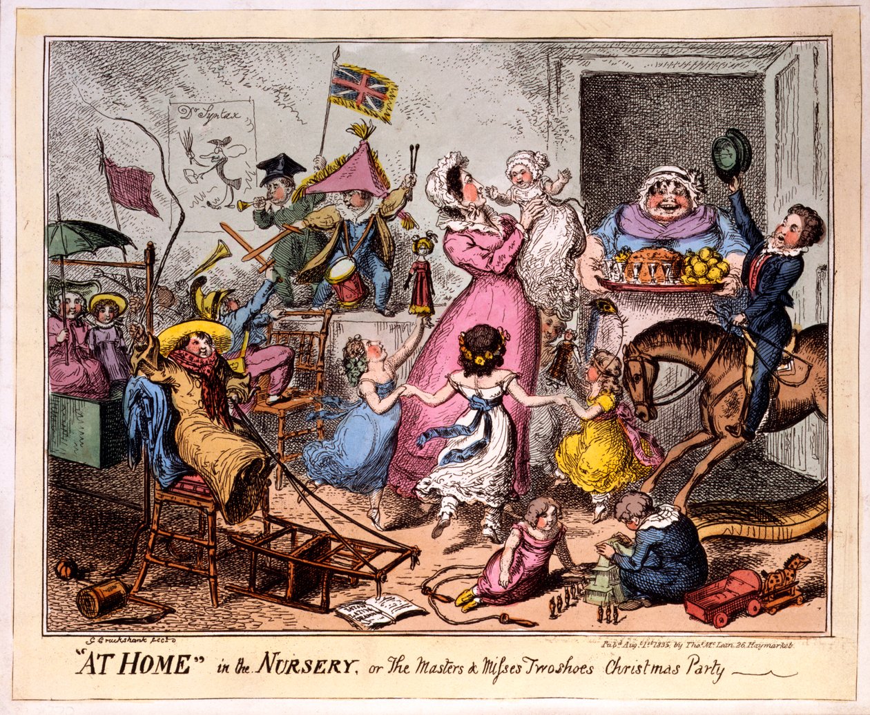 HJEMME i Vuggestuen, eller Mestrene og savner to sko Julefest, 1835 (farvet radering) af George Cruikshank