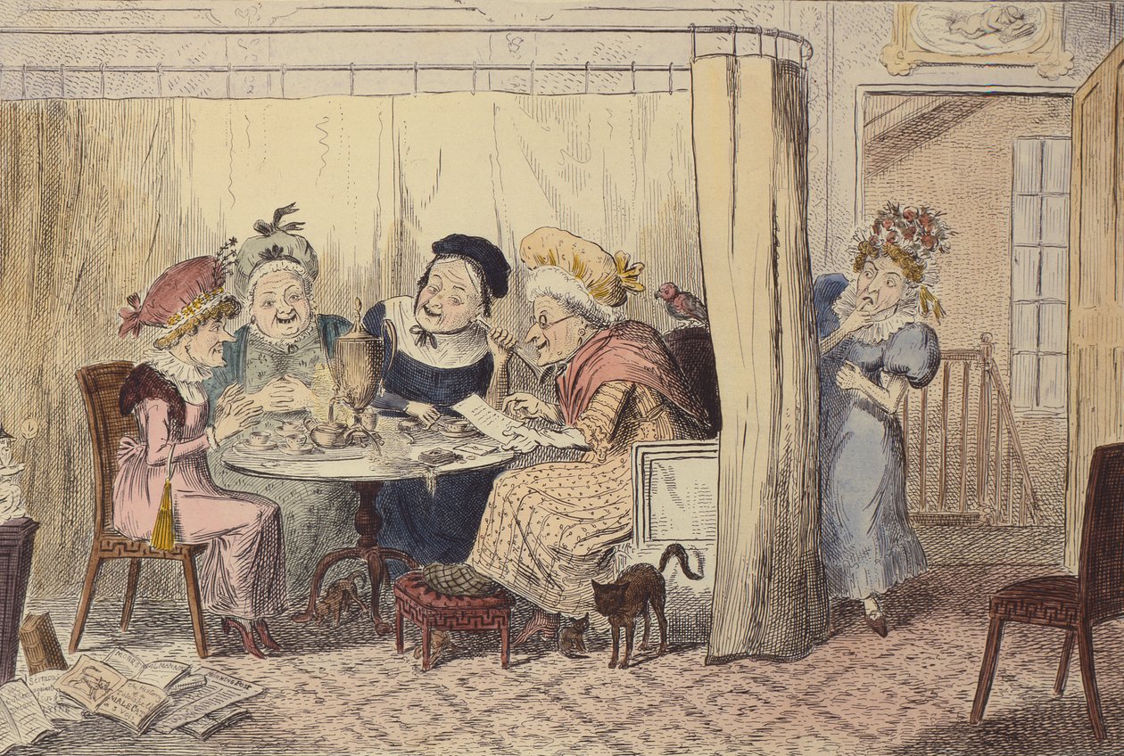 "En nysgerrig Junto af bagtalende elvere eller lyttere hører sjældent godt om sig selv", 1835 af George Cruikshank