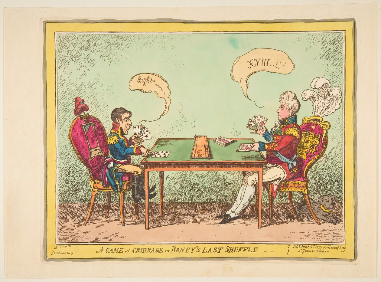 A Game of Cribbage or Boneys Last Shuffle, 6. juni 1814. af George Cruikshank