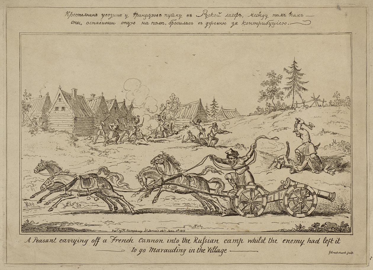 En bonde, der bar en fransk kanon ind i den russiske lejr, mens fjenden havde forladt den for at plyndre i landsbyen, udgivet 8. juni 1813 af George Cruikshank