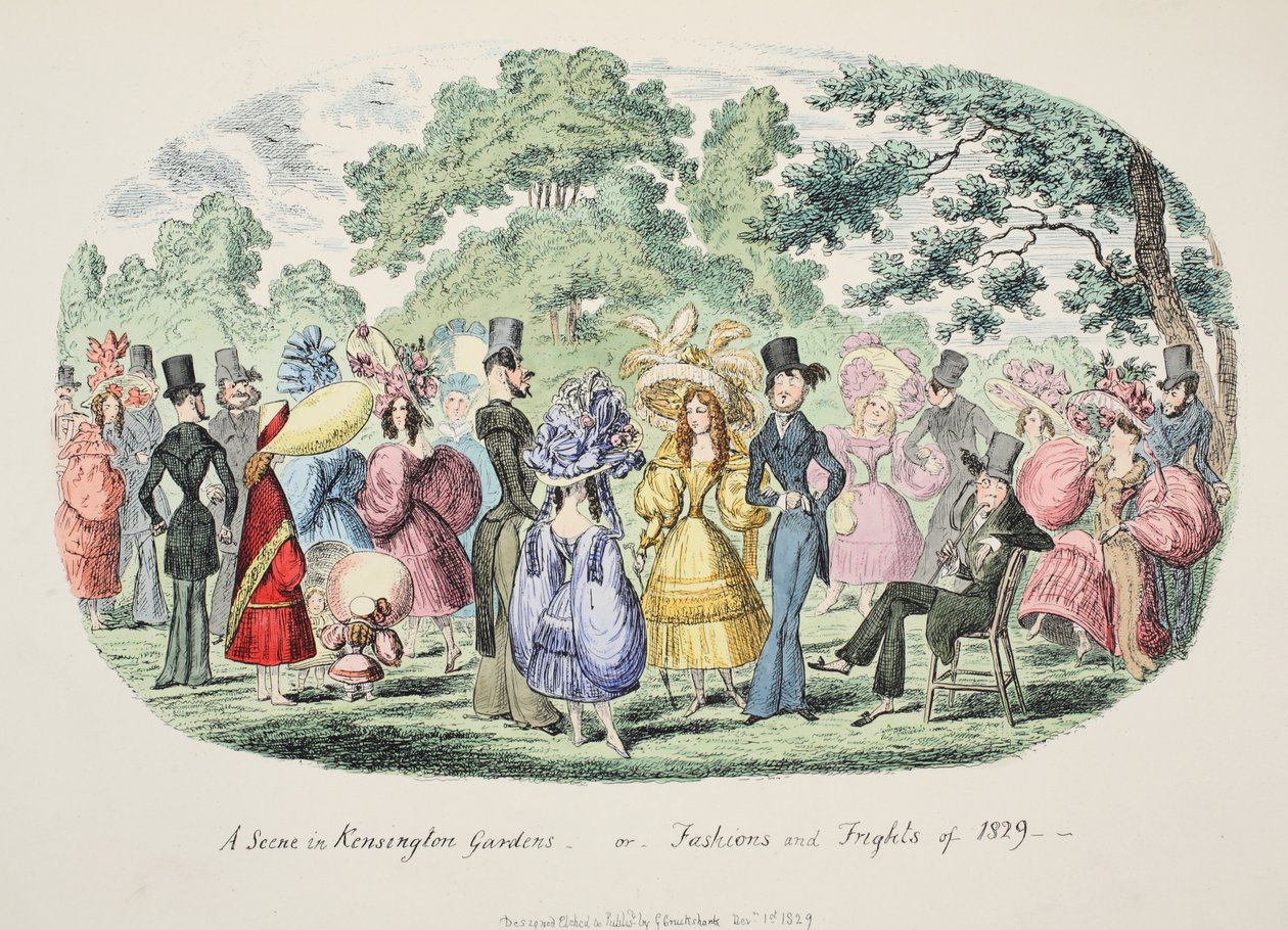 En scene i Kensington Gardens - eller - Fashions and Frights of 1829, pub. 1829 (håndfarvet gravering) af George Cruikshank